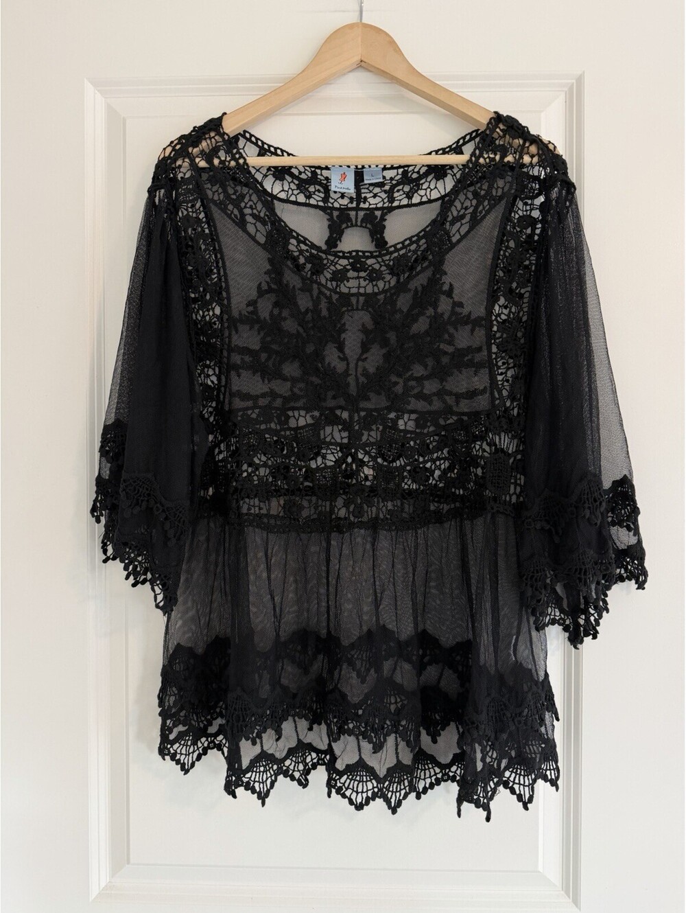 Pink Melo Black Sheer Lace Boho Top Size L Festival Gothic Boho